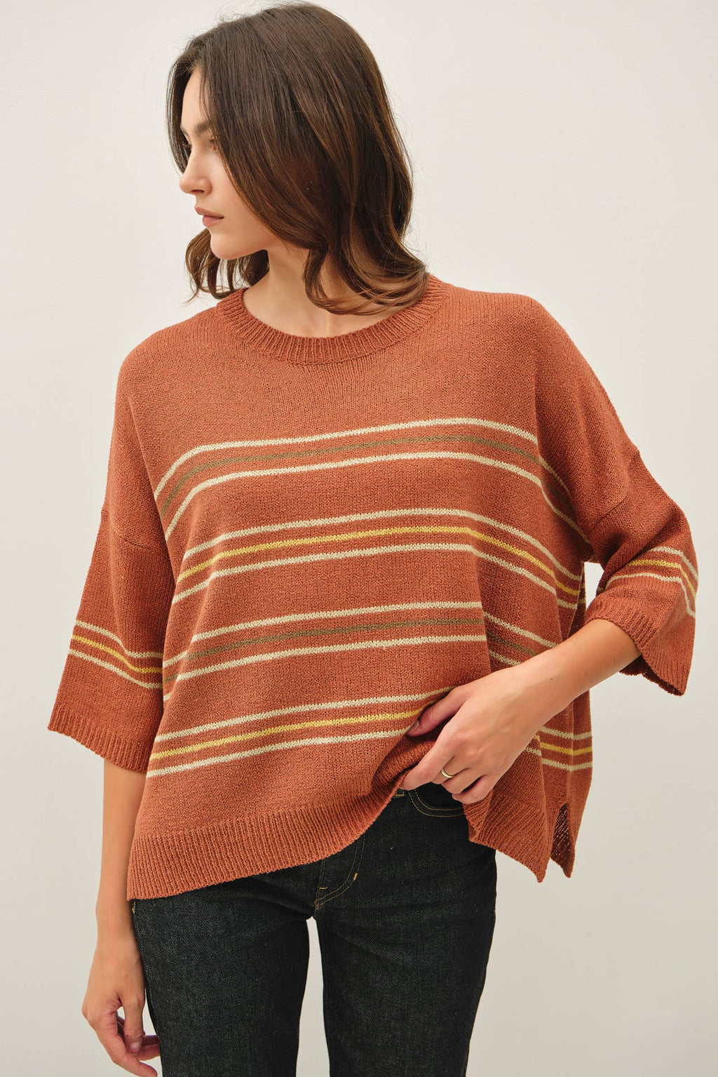 RUST OVER SIZED DROP SHOULDER STRIPED SWEATER