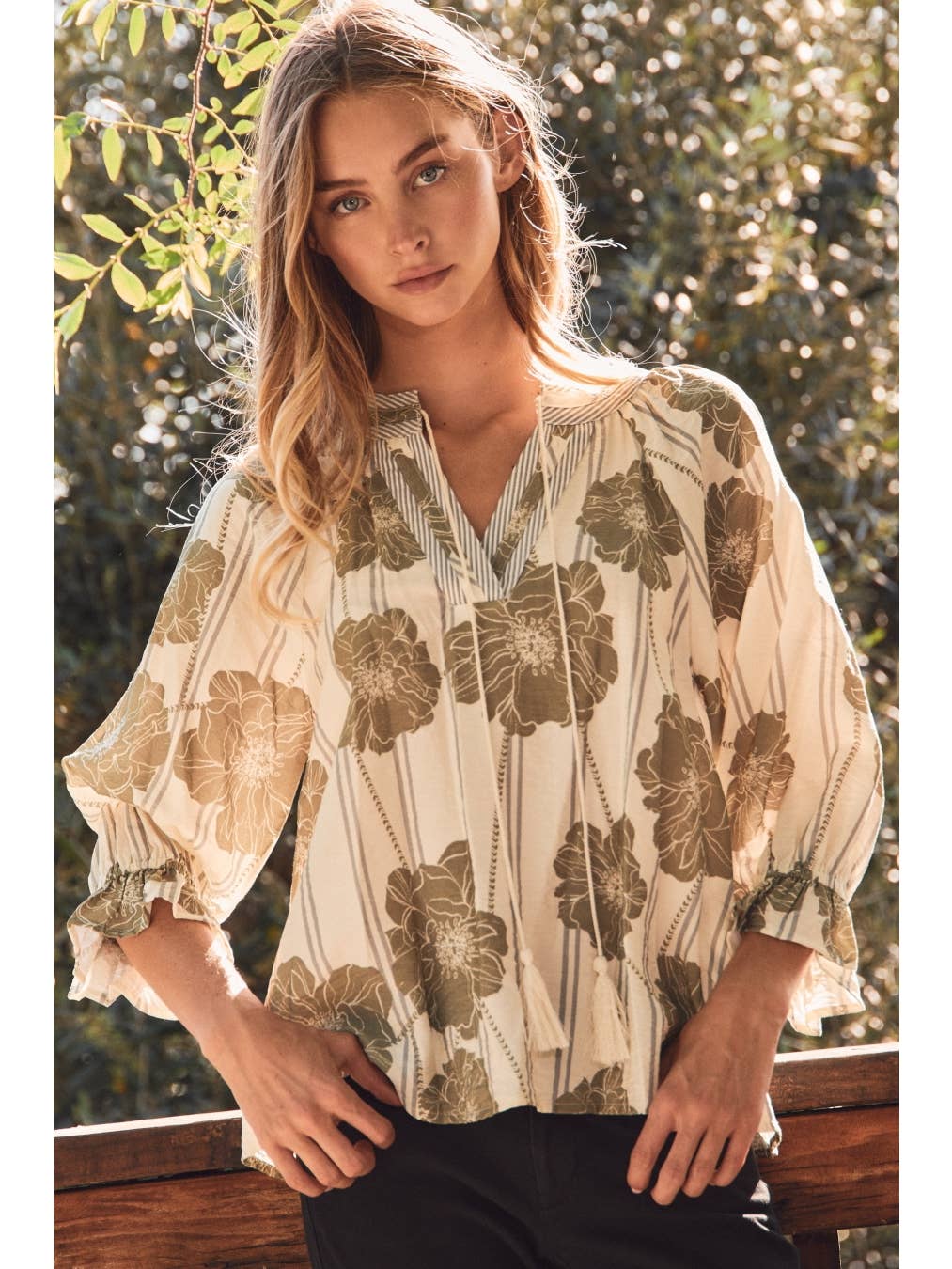 PLUS SAGE Botanical Printed Pintuck Top