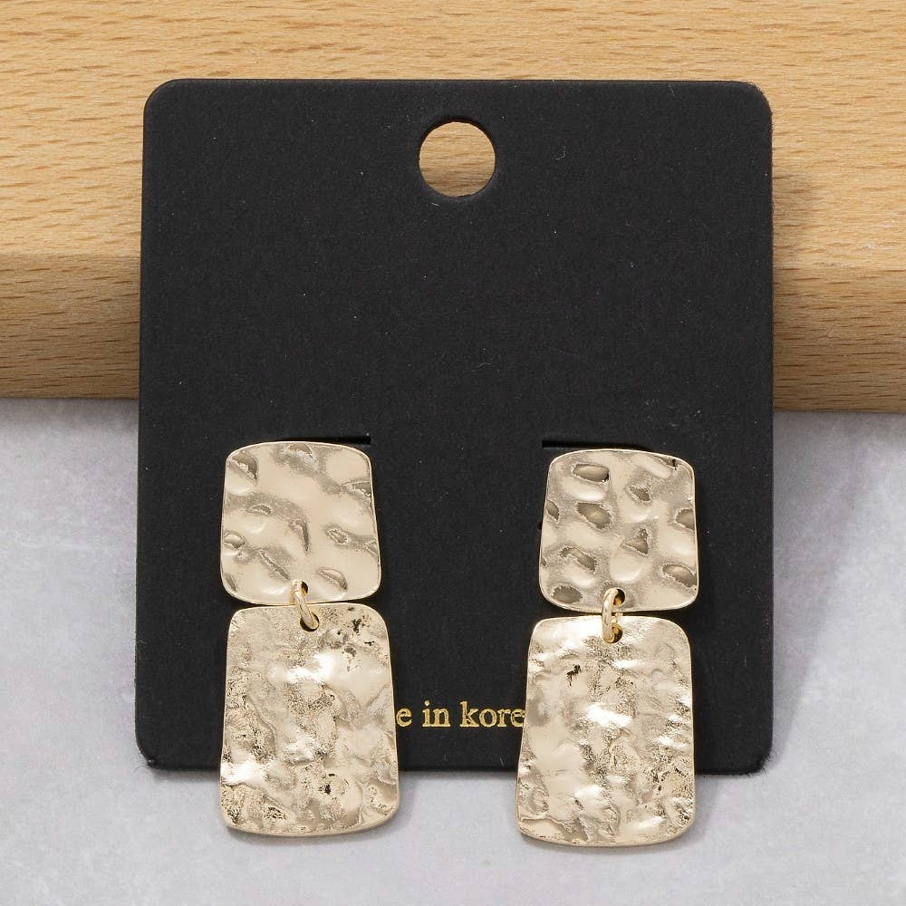 Silver Flat Hammered Squares Stud Dangle Earrings
