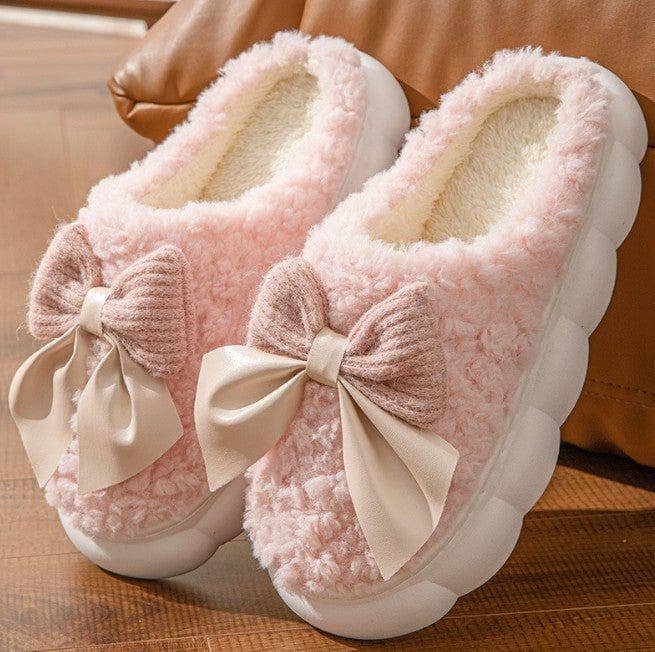 Fluffy Ribbon Platform Slippers: Pink