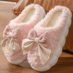 Fluffy Ribbon Platform Slippers: Pink