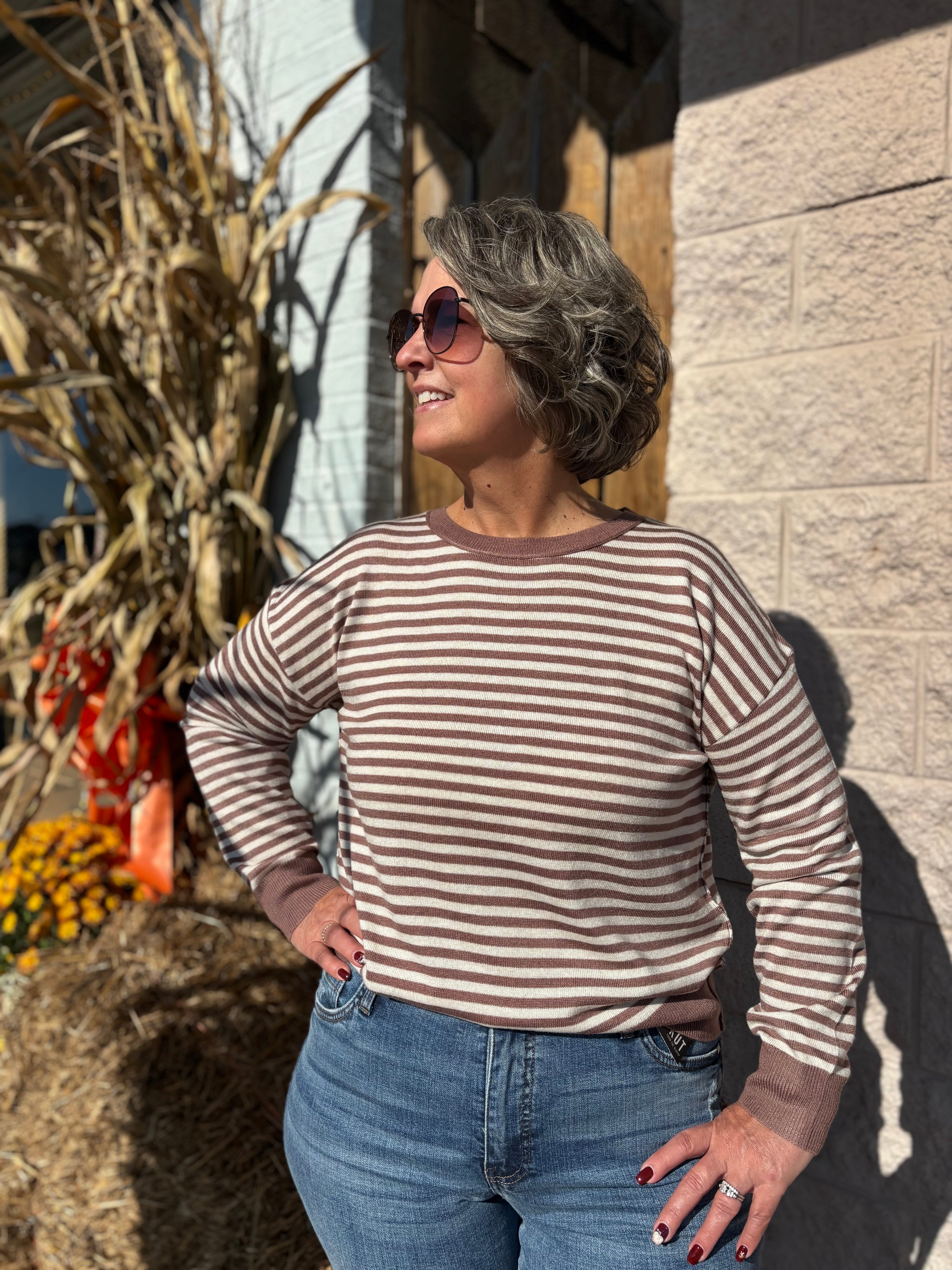 BROWN/CREAM STRIPED LONG SLEEVE SWEATER TOP