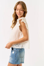Off White Embroidered Top With Ruffled Sleeves
