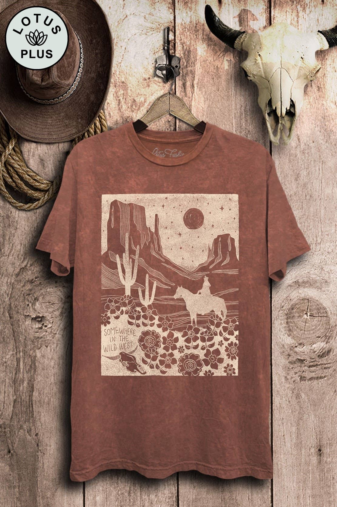 Plus Vintage Wine Mineral Wash Somewhere In The Wild West Graphic Top – Lotus Fashion Collection