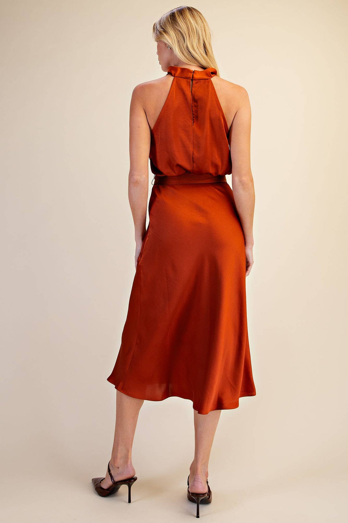 RUST Cowl Neck Sleeveless Waist Tie Midi Dress