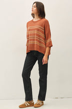 RUST OVER SIZED DROP SHOULDER STRIPED SWEATER