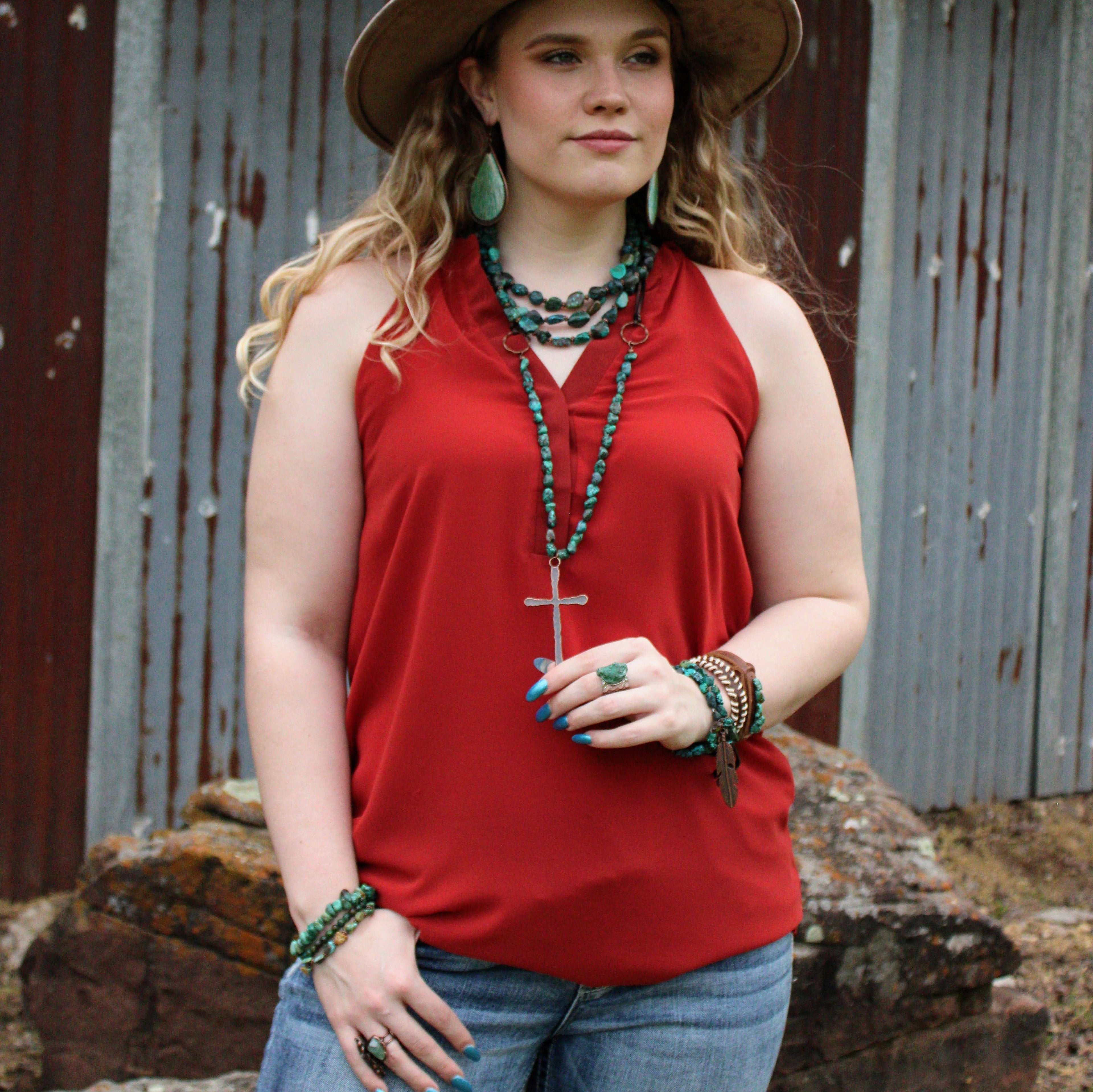 Triple Strand Natural Turquoise & Copper Collar Necklace 250n