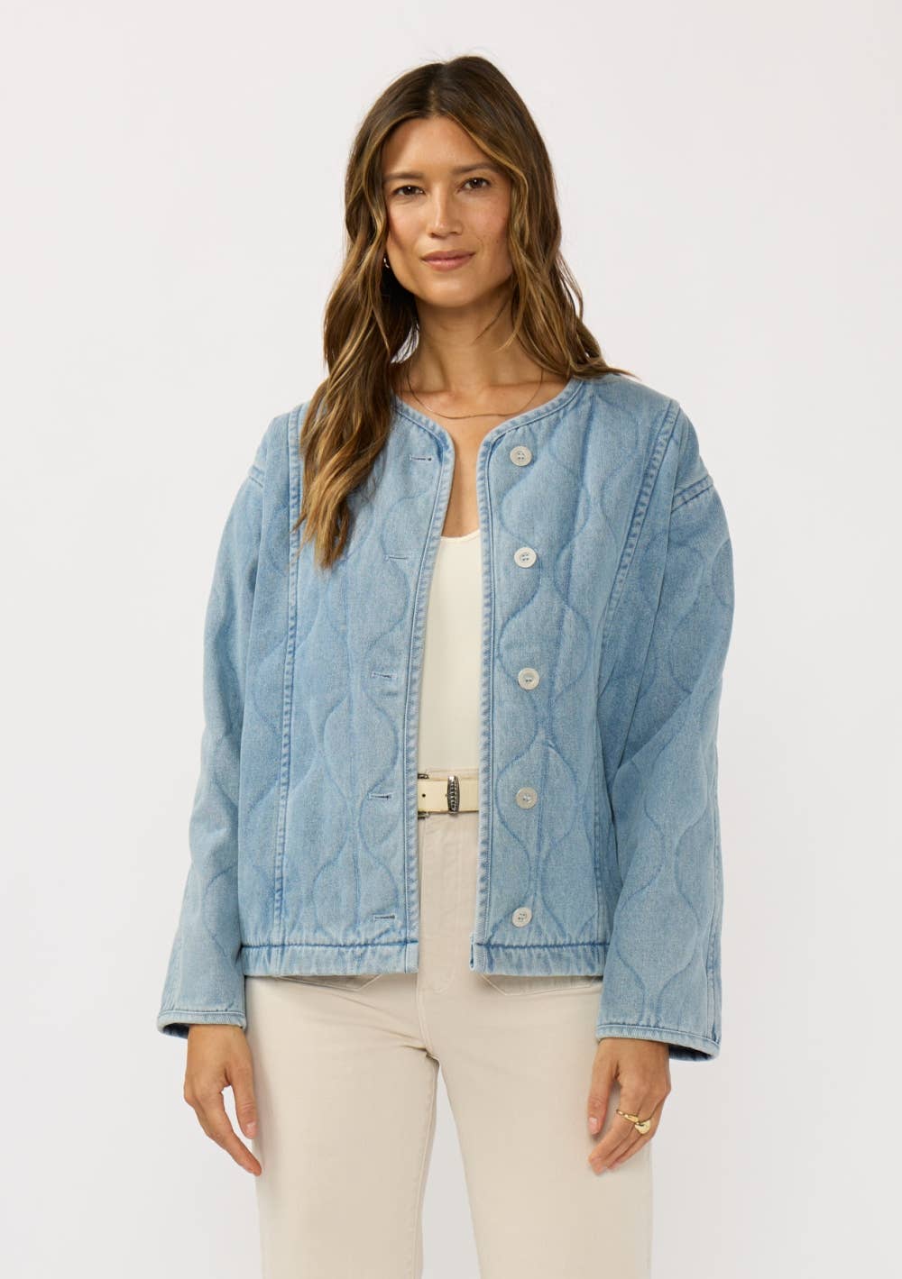 Quilted Denim Jacket With Pockets: BLUE