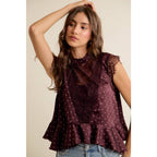 WINE POLKA DOT SATIN LACE TRIM RUFFLED HIGH NECK BLOUSE TOP