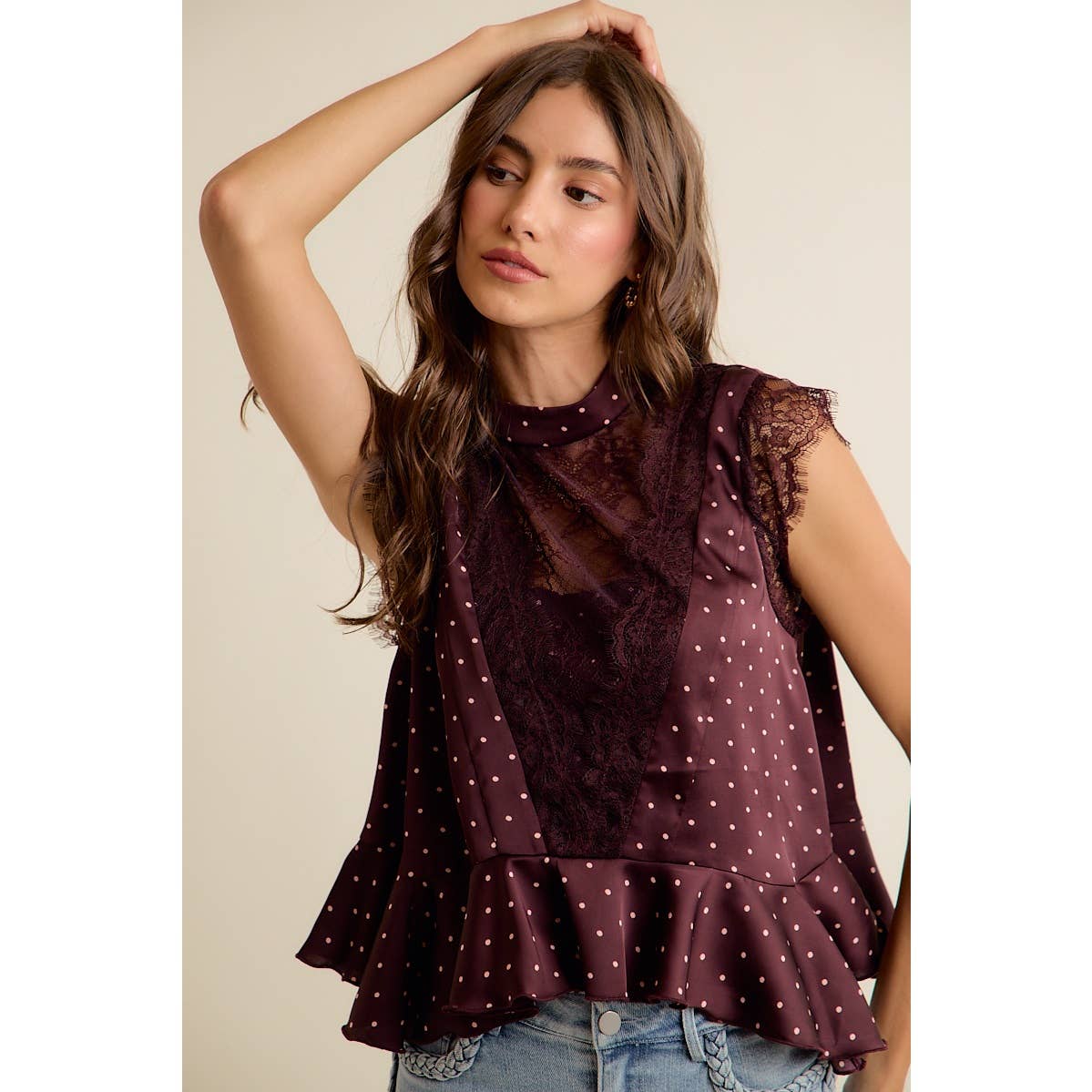 WINE POLKA DOT SATIN LACE TRIM RUFFLED HIGH NECK BLOUSE TOP