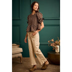 BROWN/IVORY POLKA DOT BOW DETAIL SHORT SLEEVES PEPLUM TOP