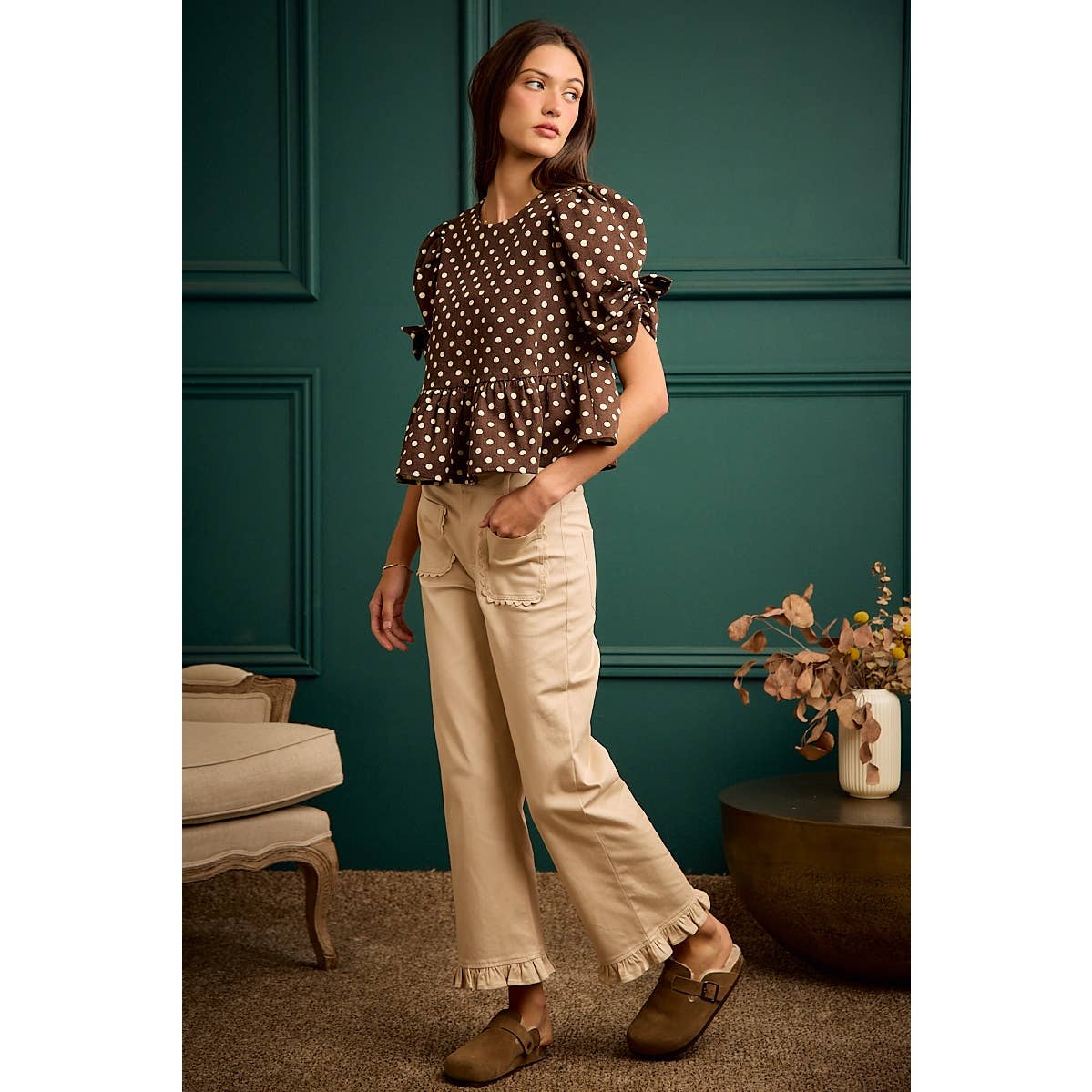 BROWN/IVORY POLKA DOT BOW DETAIL SHORT SLEEVES PEPLUM TOP