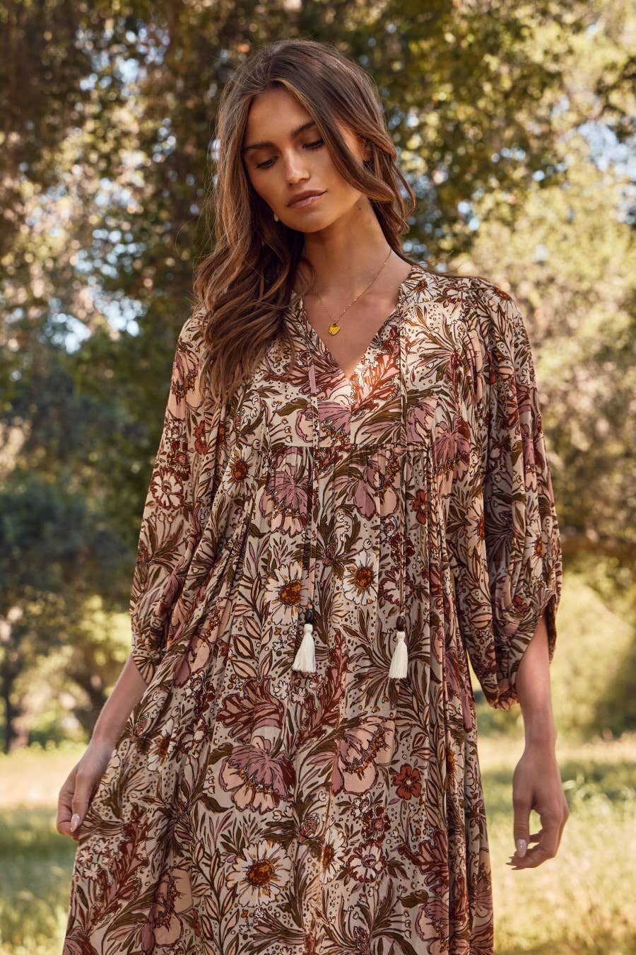 Bohemian Floral Maxi Dress: Beige Multi