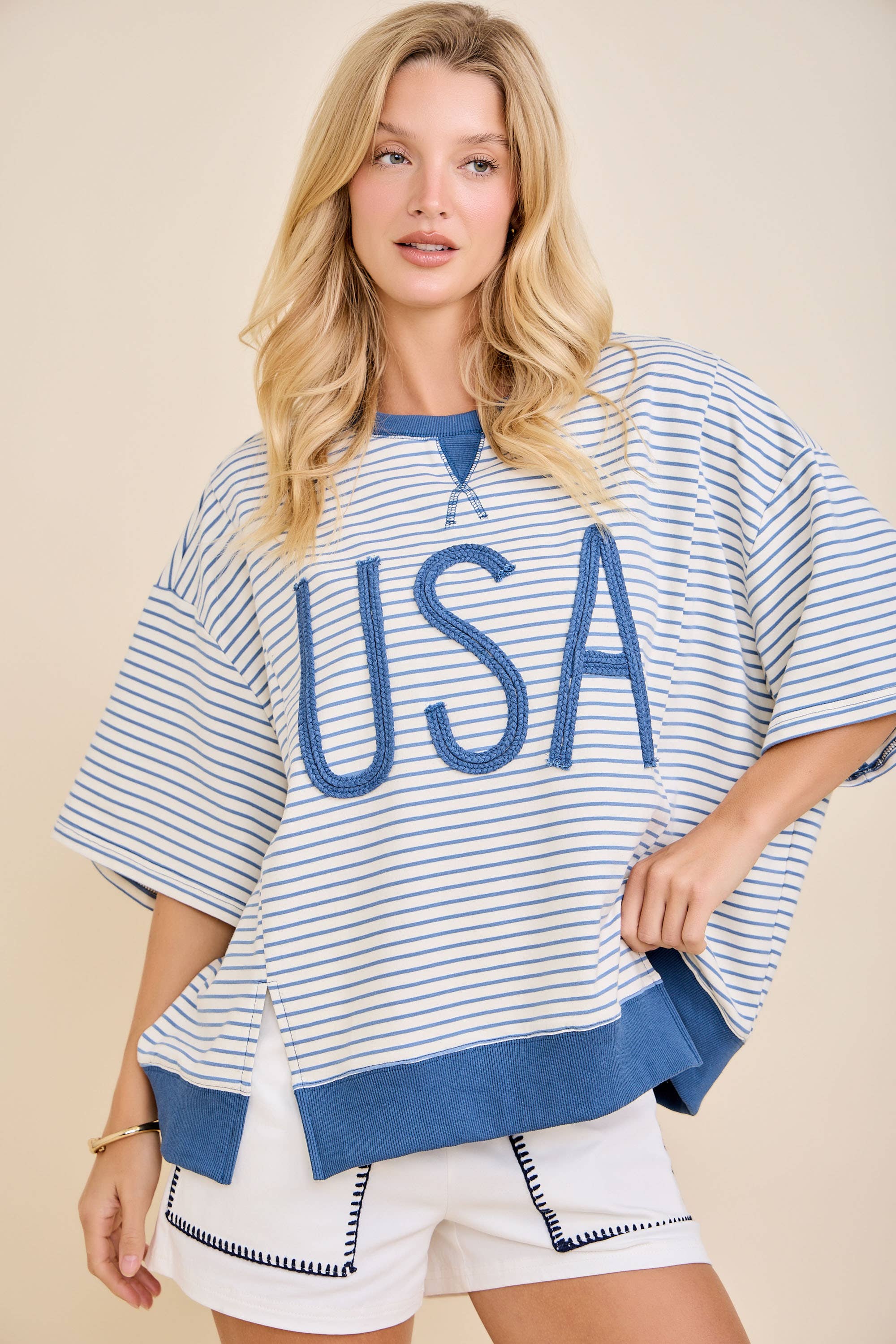 USA Rope Embroidery Striped Top: WHITE/BLUE