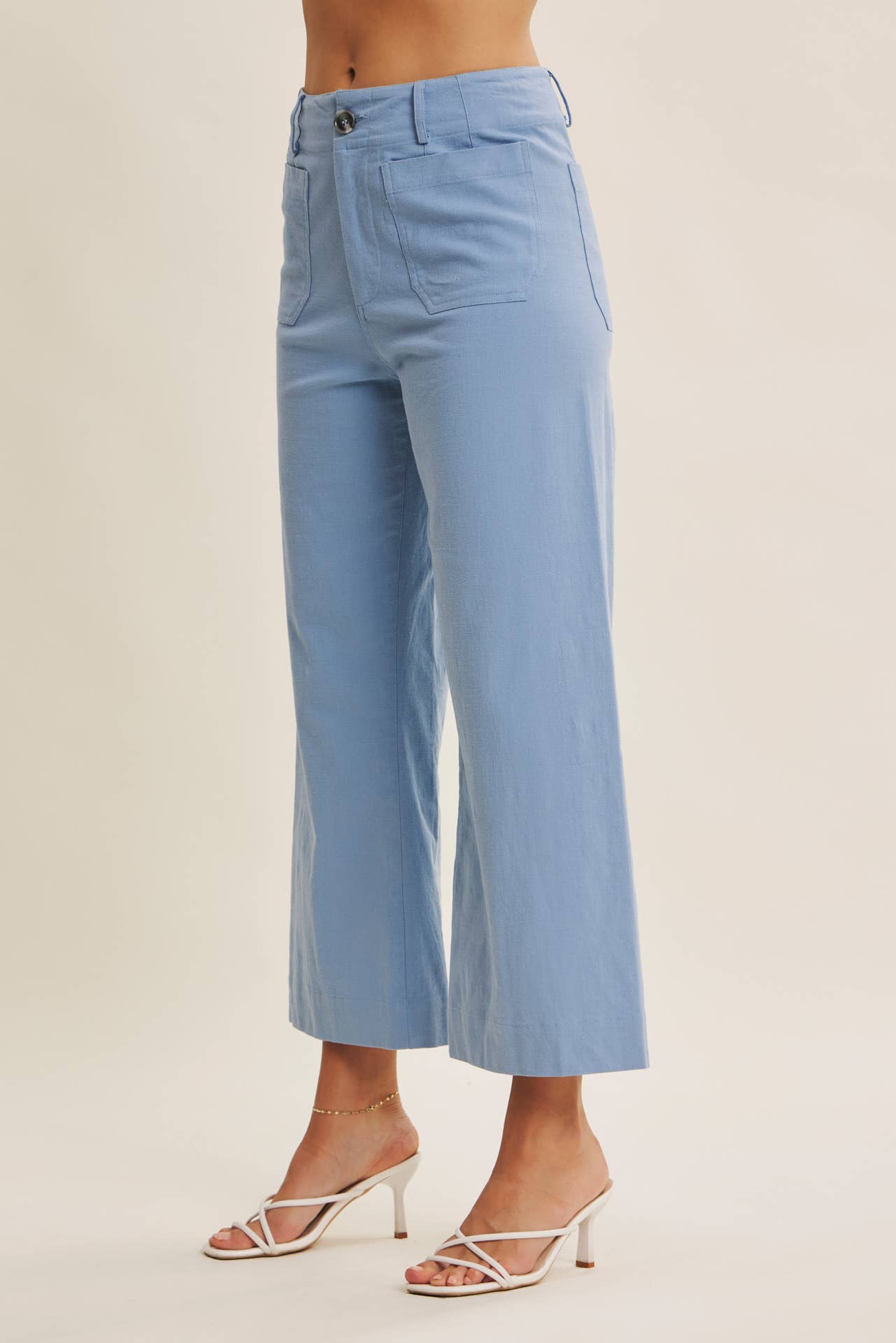 SEASONLESS STRETCHY COTTON LINEN ANKLE PANTS WITH POCKETS: BLUE