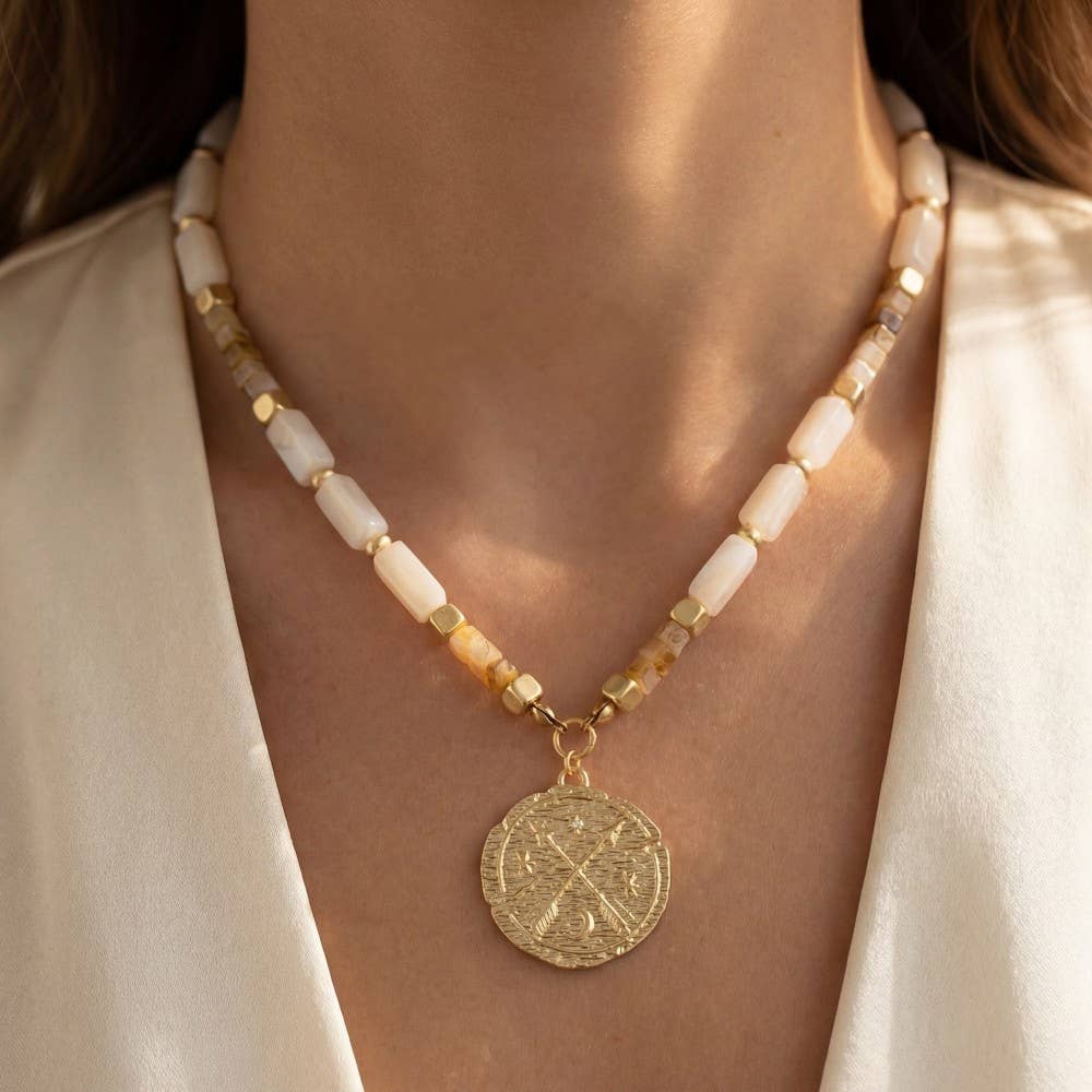 White Gold Ivory Arrow Coin Pendant Rectangle Acrylic Beaded Necklace