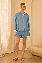 Washed Tencel Shirt with Pocket and Stripe Cuff: Chambray Blue