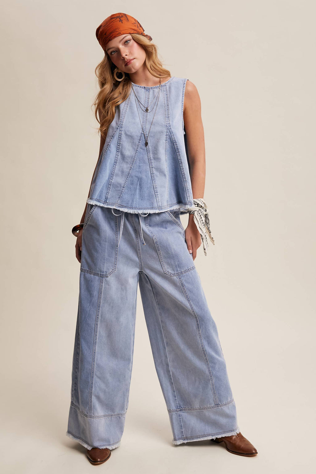 Blue Haze Washed Denim Tank & Wide-Leg Pants Set