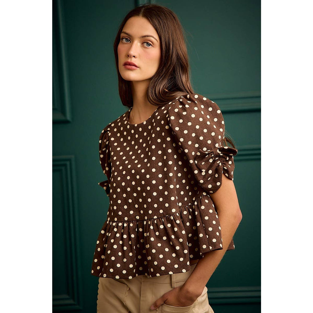 BROWN/IVORY POLKA DOT BOW DETAIL SHORT SLEEVES PEPLUM TOP