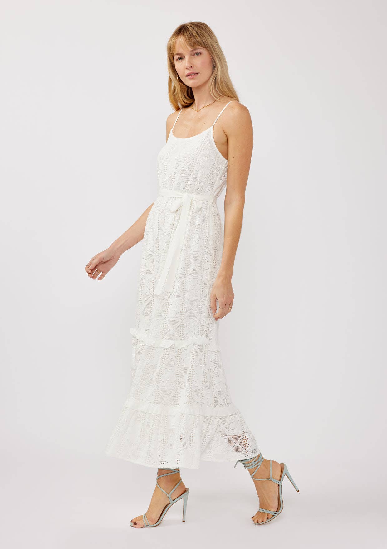 Spaghetti Strap Tiered Maxi Dress with Waist Tie: WhitE