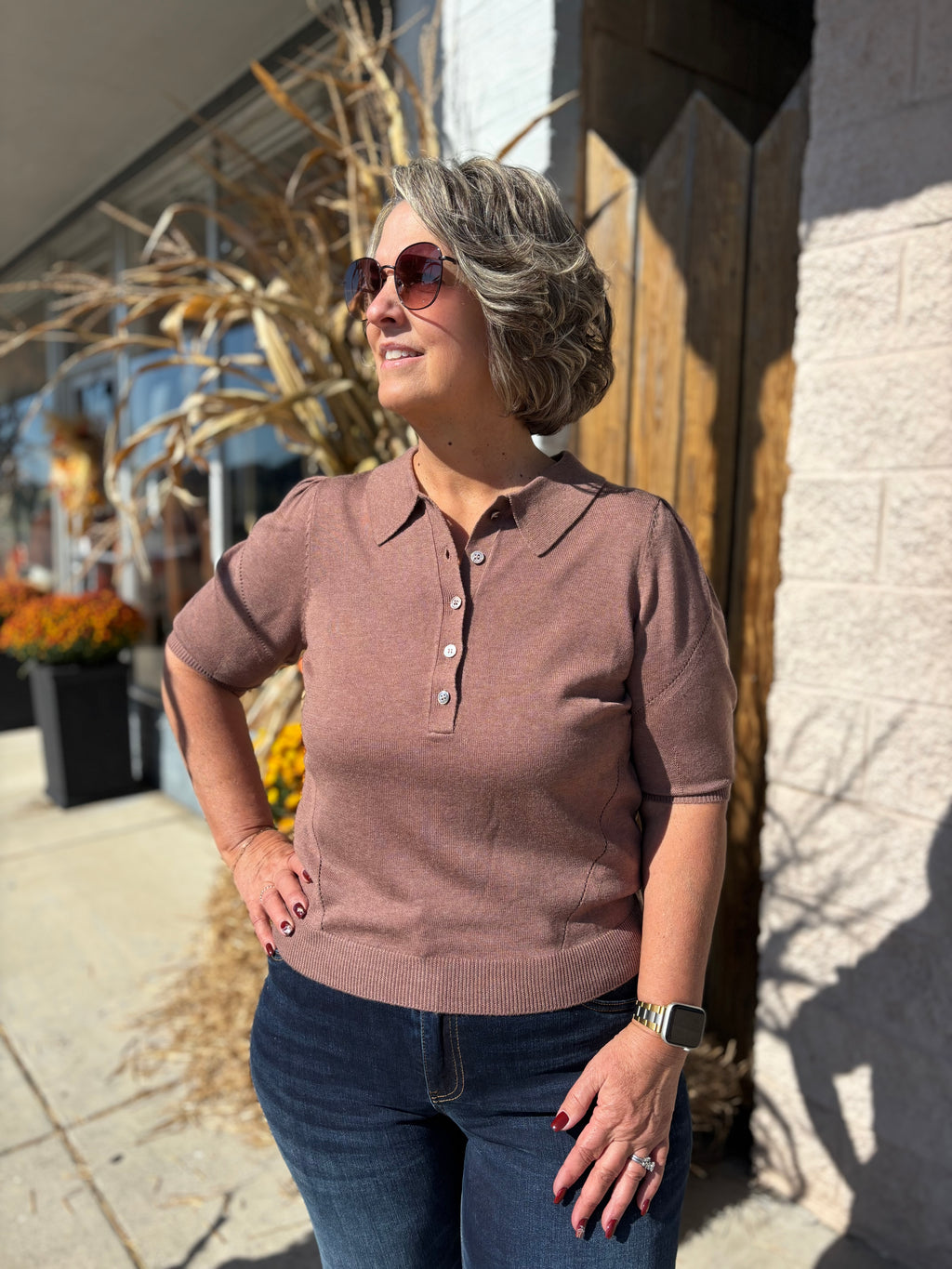 Ribbed Short Sleeve Polo Knit Top