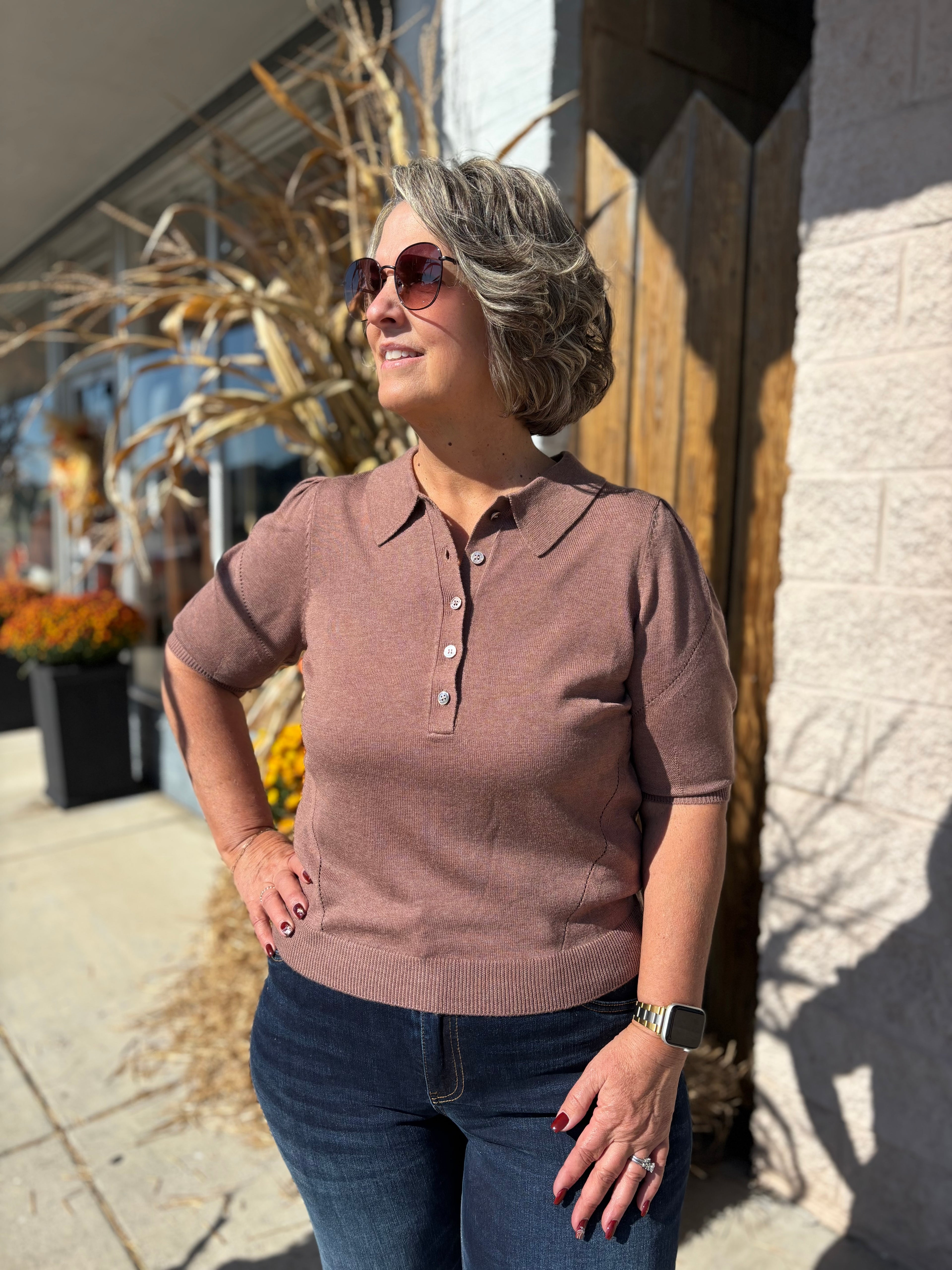 Ribbed Short Sleeve Polo Knit Top