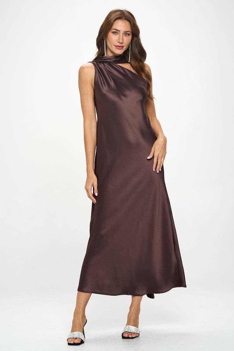 BROWN One Shoulder Satin Maxi Dress with Scarf Detail