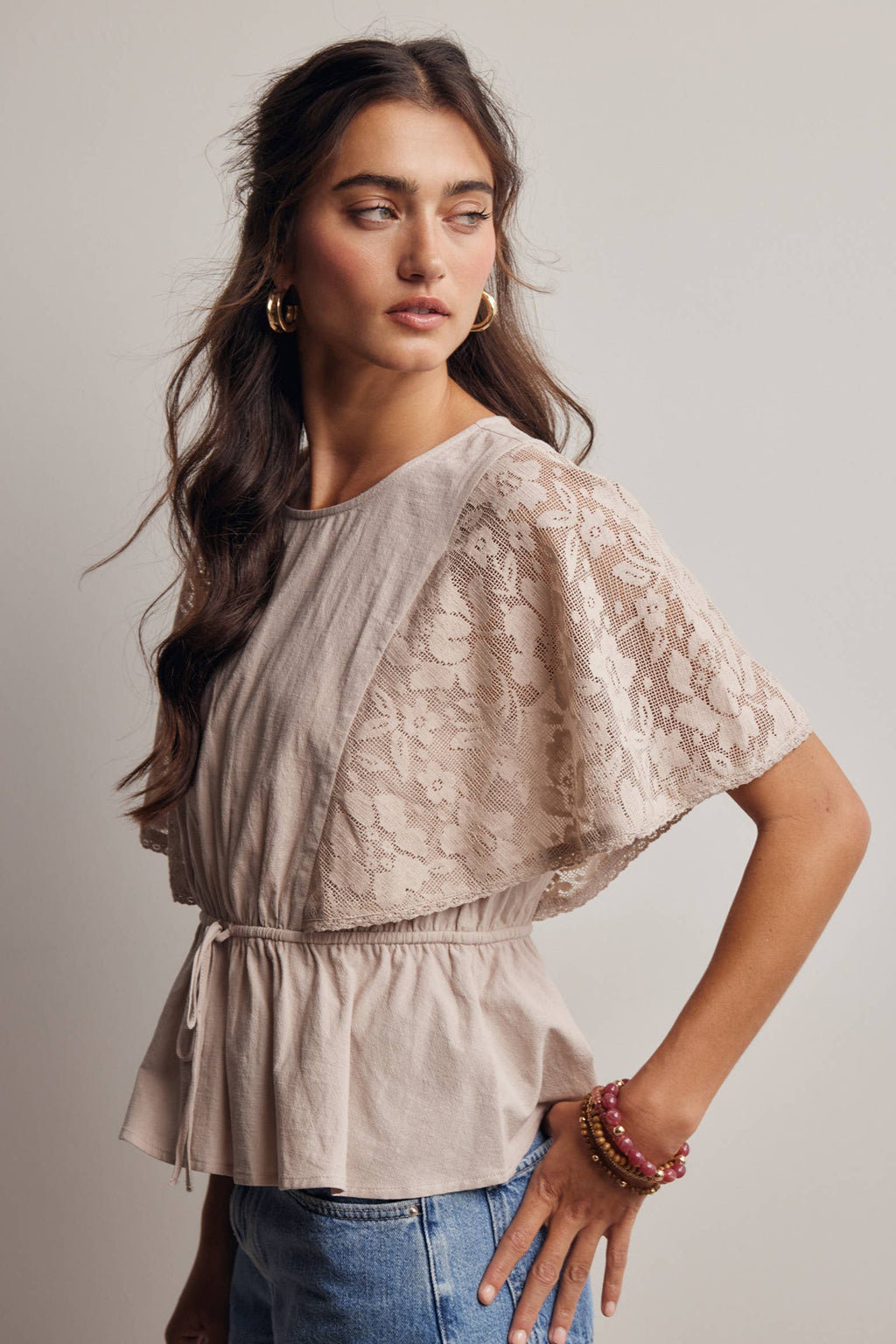 ASH Lace Cape Sleeve Cotton Peplum Top