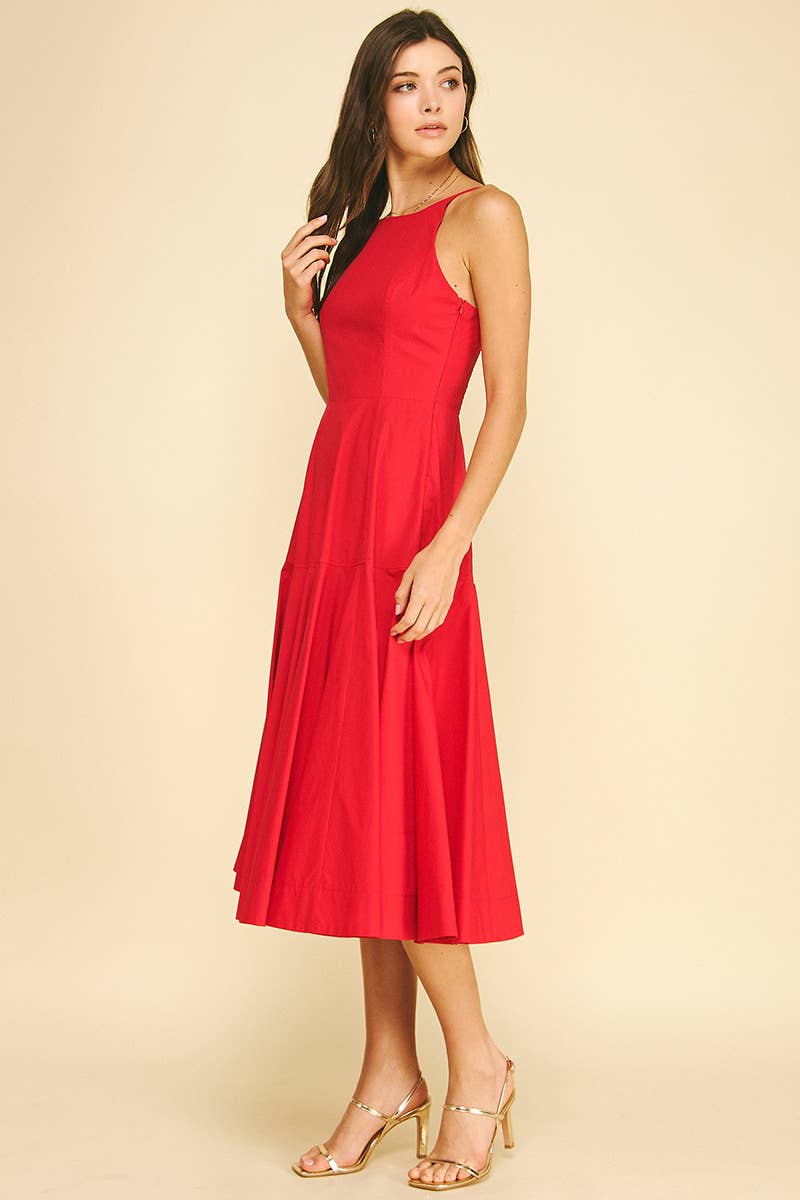 HALTER NECK A-LINE MIDI DRESS Red