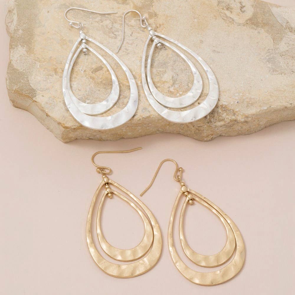 Hammered Double Teardrop Layered Dangle Earrings: WG