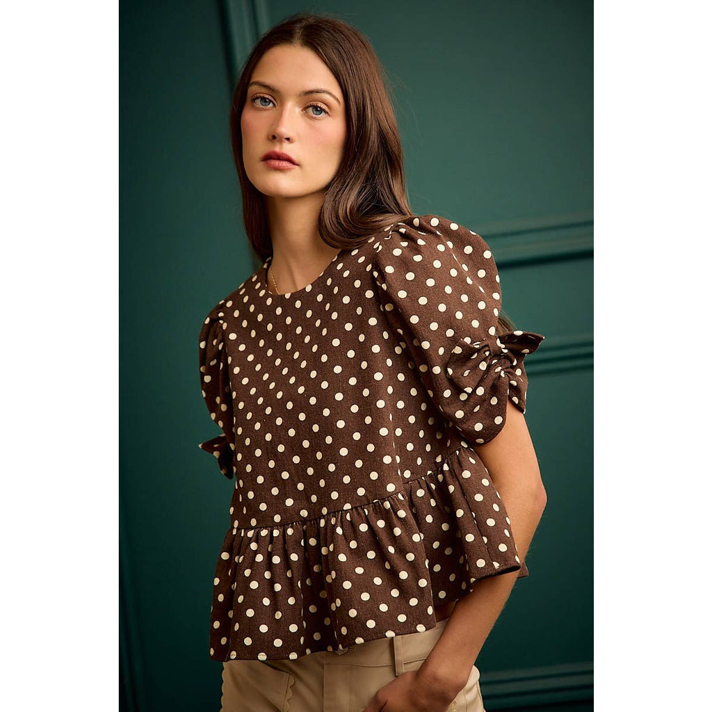 BROWN/IVORY POLKA DOT BOW DETAIL SHORT SLEEVES PEPLUM TOP