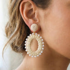 Pearl Beads Rattan Wrap Oval Hoop Dangle Earrings: MIVG4
