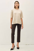 Oatmeal WOOL BLENED BOXY FIT SHORT SLEEVE SWEATER TOP