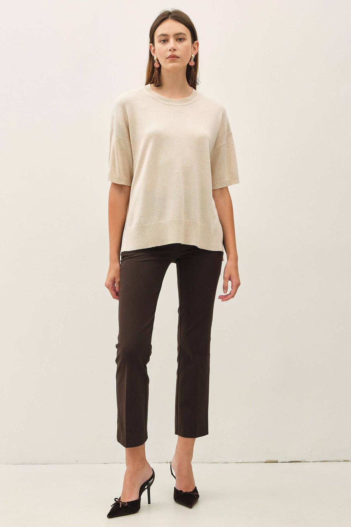 Oatmeal WOOL BLENED BOXY FIT SHORT SLEEVE SWEATER TOP