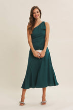 BURGUNDY HOLIDAY GLAM ONE-SHOULDER MIDI DRESS WITH SLANTED SEAMWORK