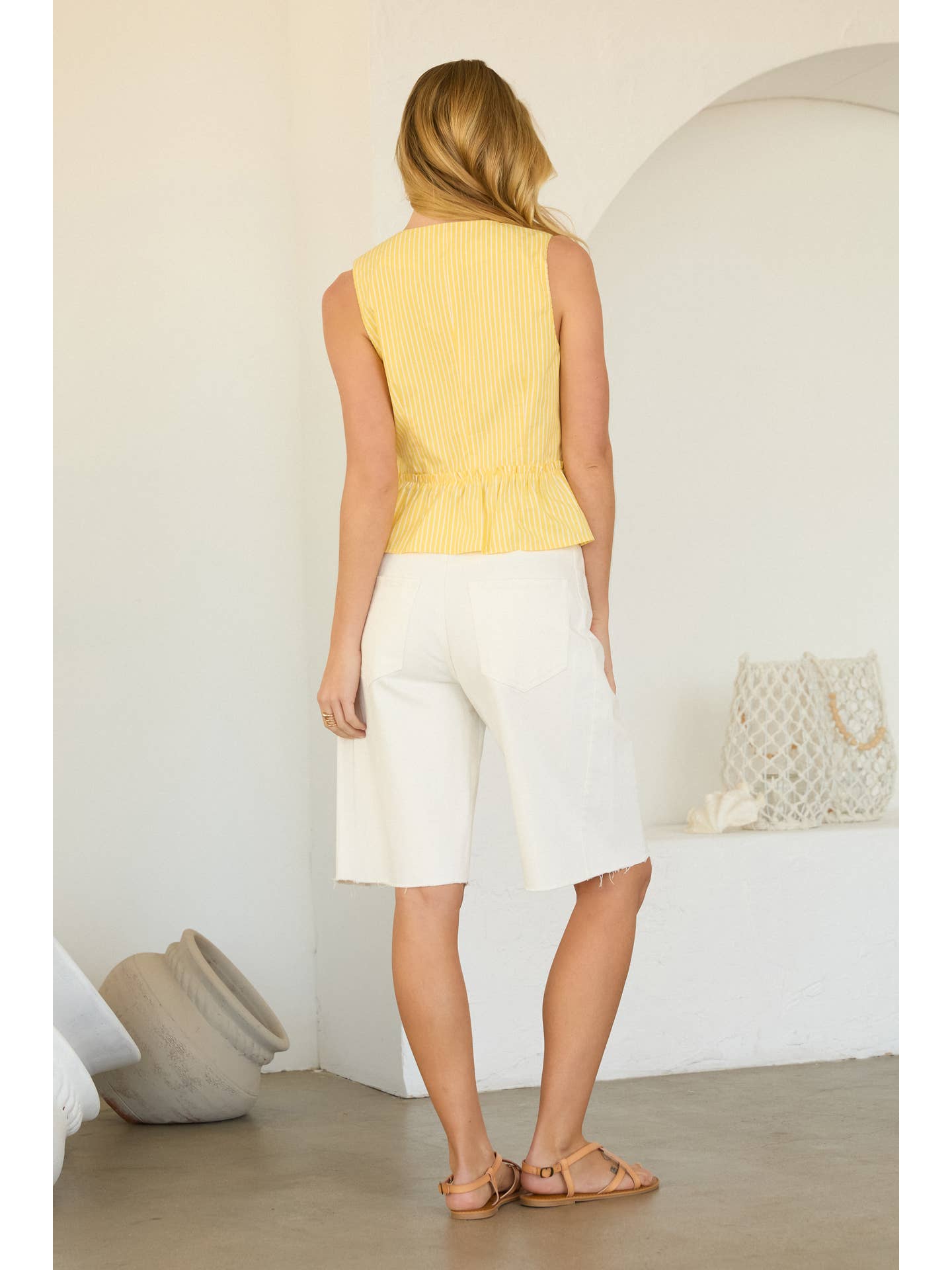 Yellow/White Sleeveless Stripe Tie-Front Peplum Top