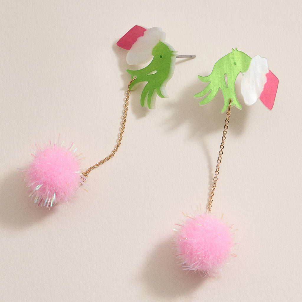 Christmas Green Monster Hand & Pom-Pom Dangling Earrings: Pink / One / 4SE31114