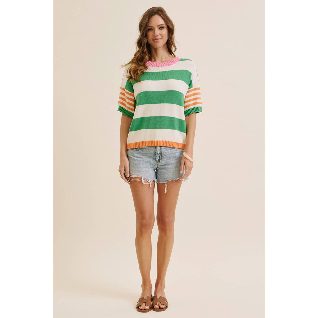 PLAYFUL SUMMER MULTI STRIPE COTTON SWEATER TOP: GREEN/ORANGE