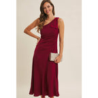 BURGUNDY HOLIDAY GLAM ONE-SHOULDER MIDI DRESS WITH SLANTED SEAMWORK