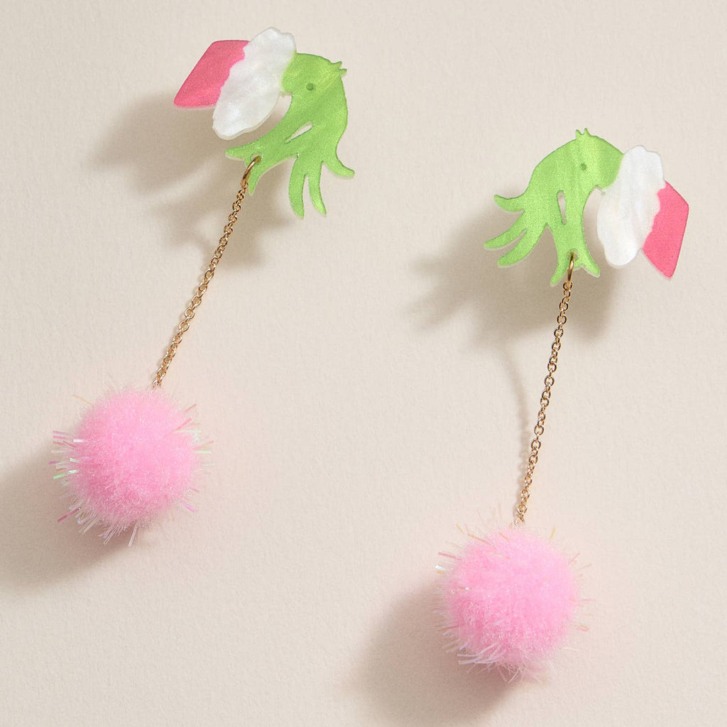 Christmas Green Monster Hand & Pom-Pom Dangling Earrings: Pink / One / 4SE31114