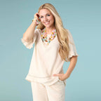 Layla Short Sleeve Crossover Ruffle Top: Natural
