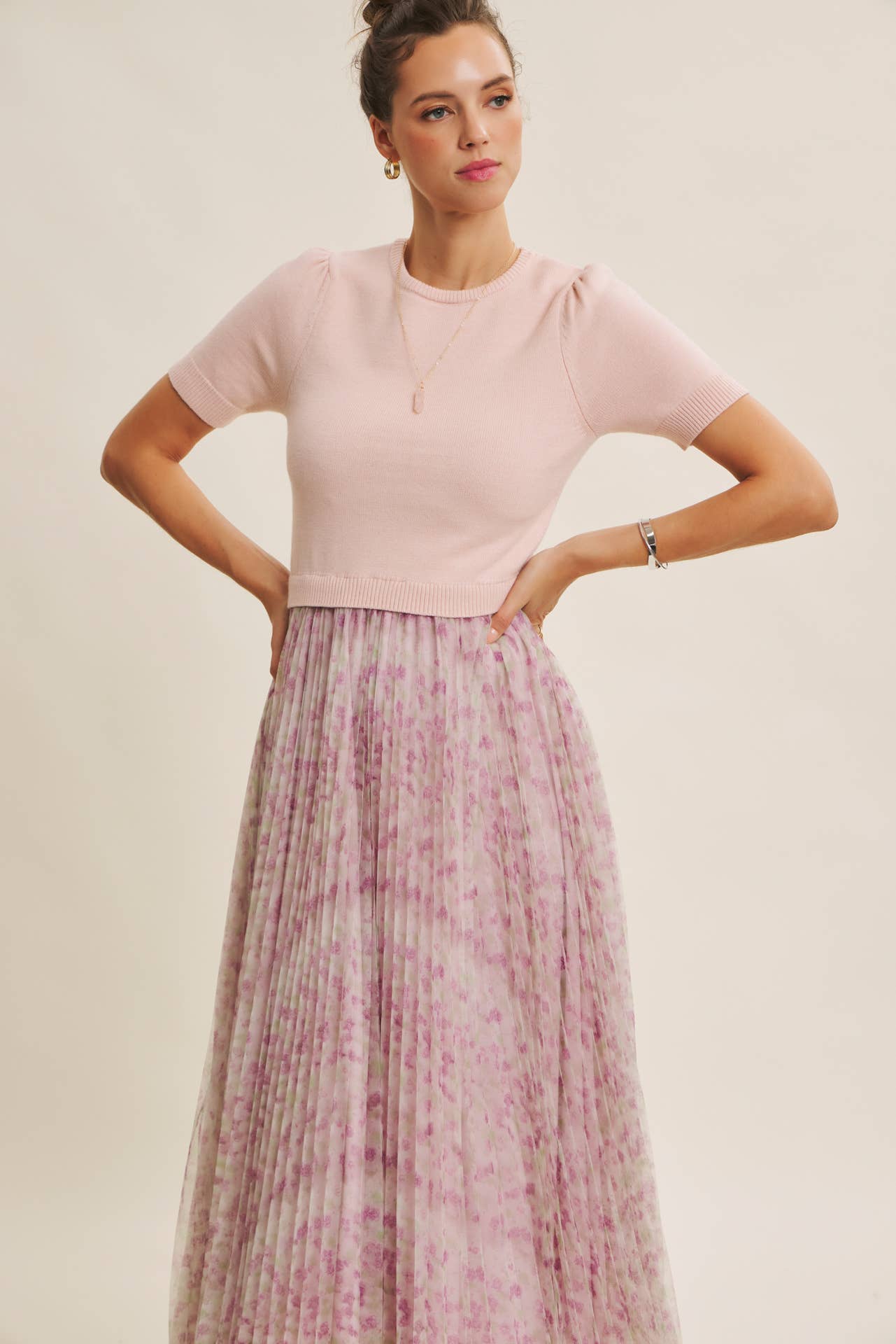FIELD OF PLEATED WILDFLOWERS SWEATER TWOFER MIDI DRESS: PINK/LILAC