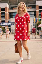 Orange White Gameday Polka Dot Puff Sleeve Dress