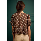 BROWN/IVORY POLKA DOT BOW DETAIL SHORT SLEEVES PEPLUM TOP