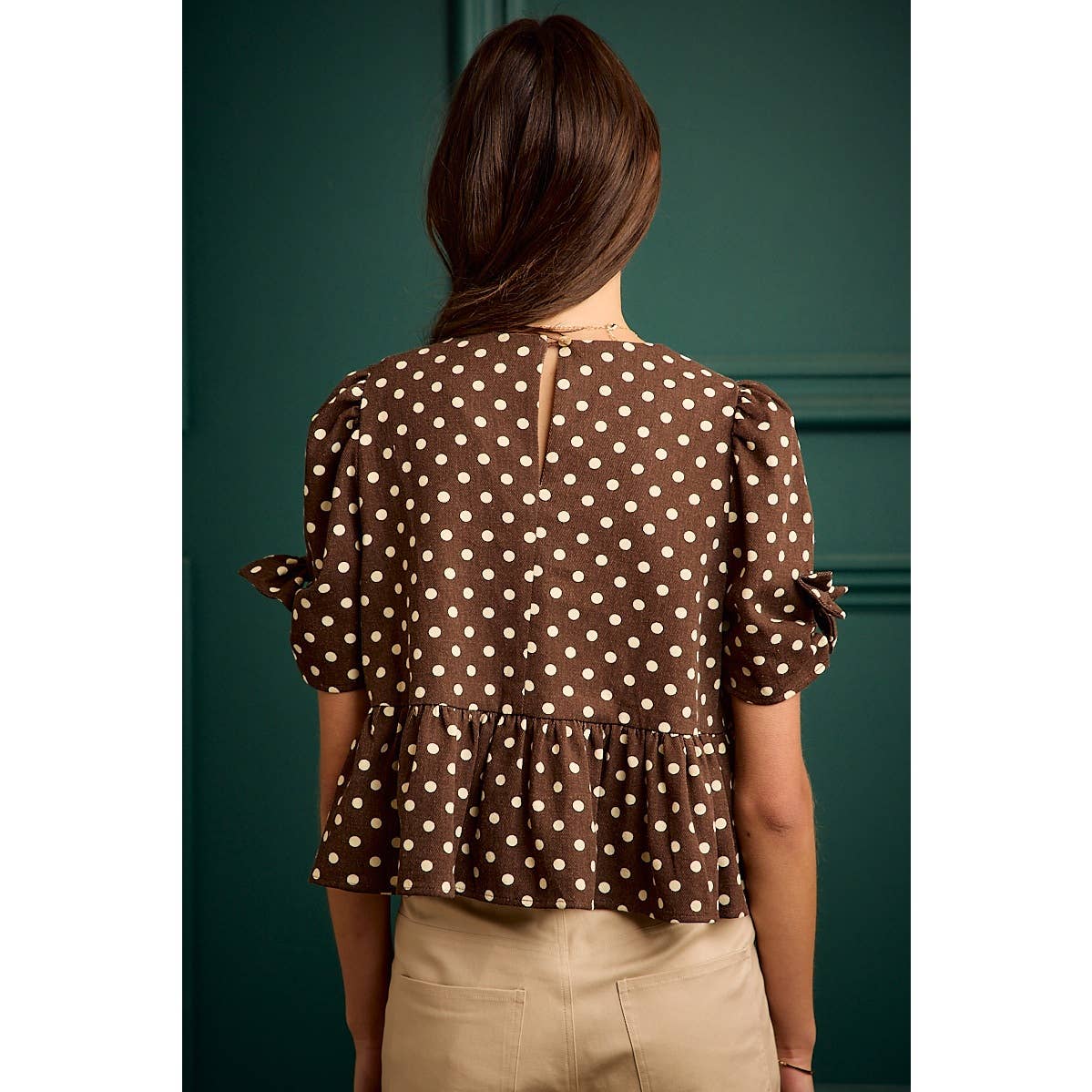 BROWN/IVORY POLKA DOT BOW DETAIL SHORT SLEEVES PEPLUM TOP
