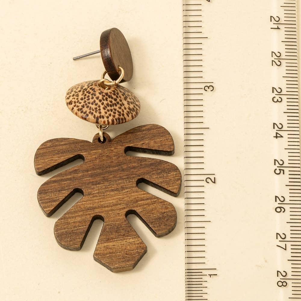 Wooden Monstera Leaf Dangle Earrings: BR