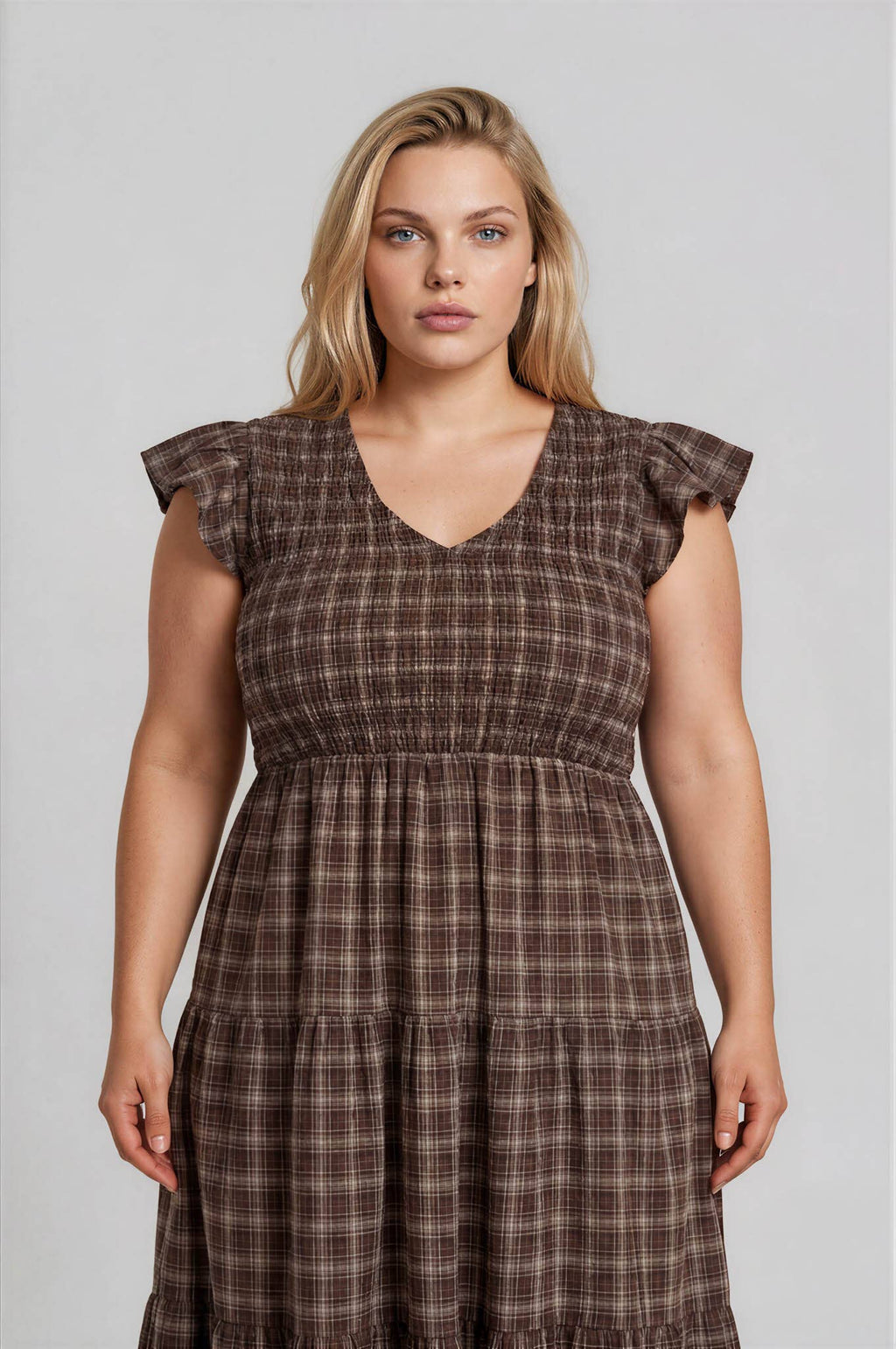 BROWN PLUS PLAID V NECK SMOCKED TIERED MIDI DRESS