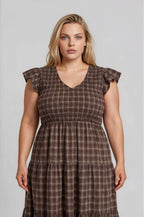BROWN PLUS PLAID V NECK SMOCKED TIERED MIDI DRESS