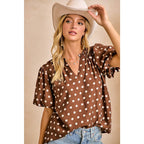 DK MOCHA/IVORY POLKA DOT PRINTED WOVEN RUFFLED V NECK TOP