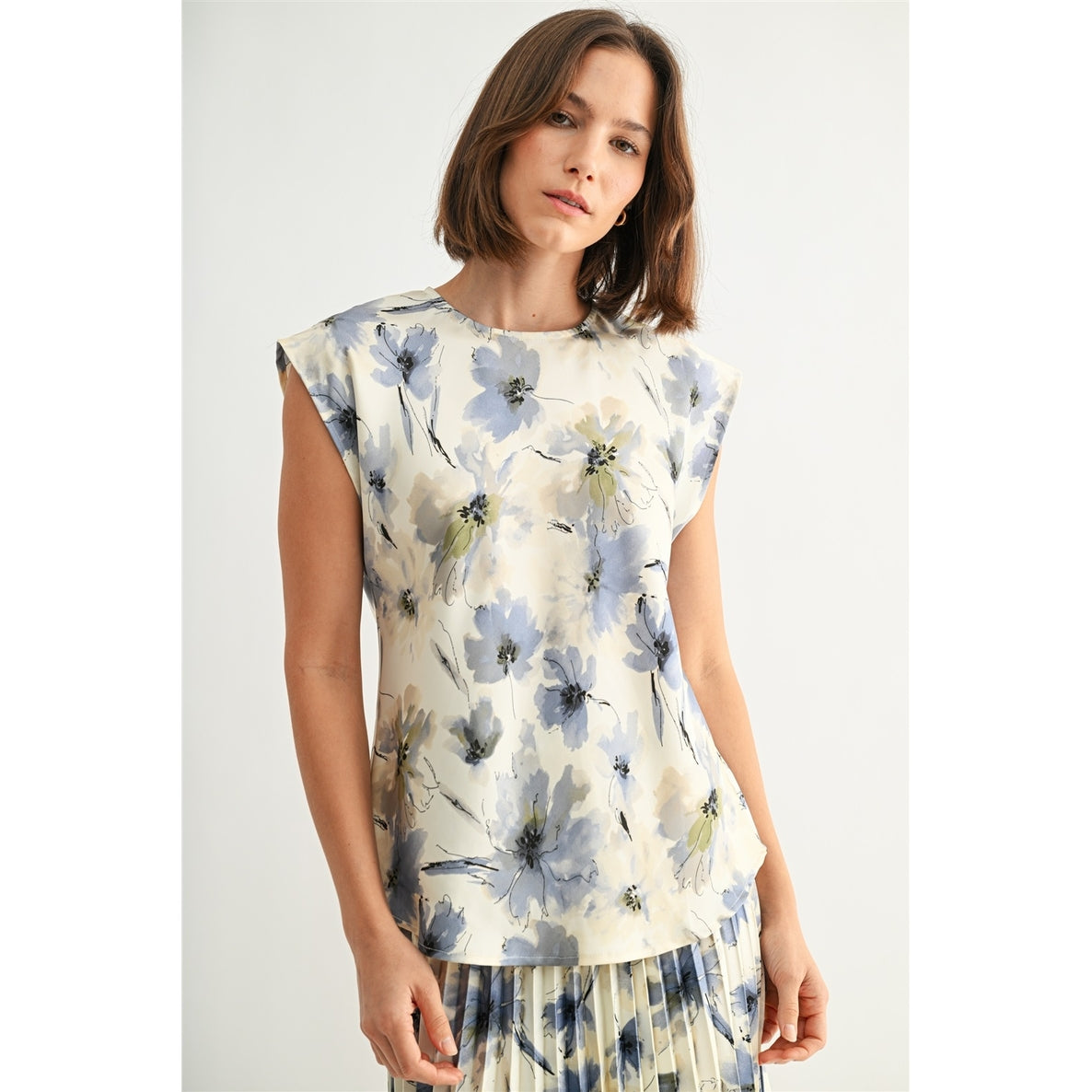 IVORY/BLUE Floral Satin Dolman Blouse and Skirt Set